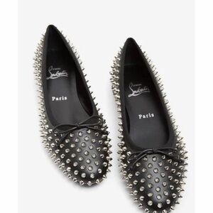 Christian Louboutin Black Leather Spiked Ballet Flats with Bow -100% Authentic!